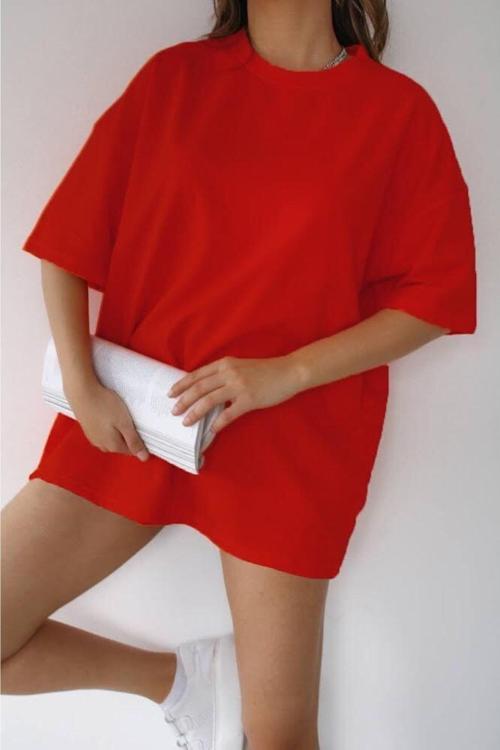 J Ateş Kırmızı Unisex Pamuk Bisiklet Yaka Boyfriend Örme Oversize T-Shirt
