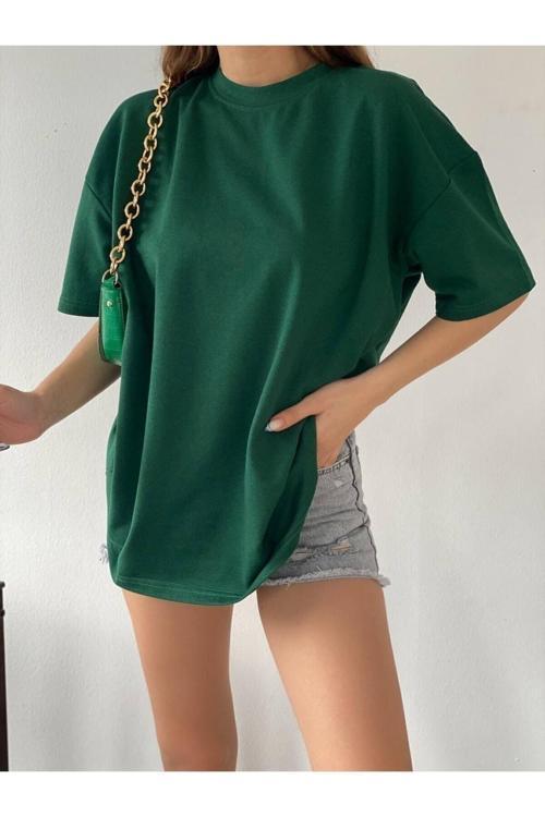 Dwn Wear Yeşil Bisiklet Yaka Pamuk Oversize Boyfriend T-Shirt