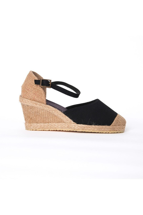 Gerçek Elişi Siyah Bilekten Bantlı Topuğu Açık Keten Espadril Dolgu Topuk Handmade