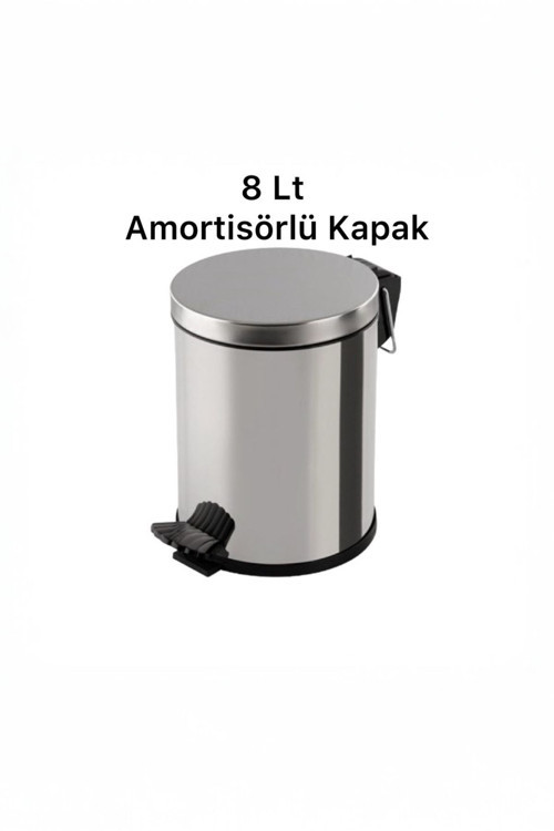 8 Litre Krom,Metal Paslanmaz Çöp Kovası Çöp Kutusu Pedallı Amortisörlü Kapak