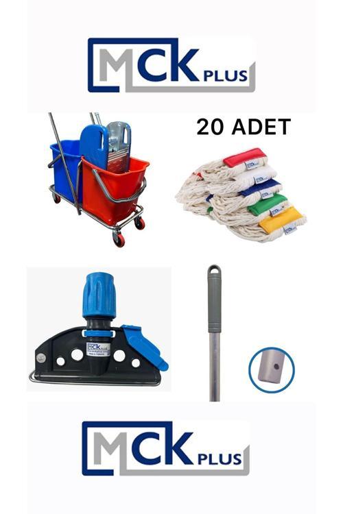 Çift Kovalı Paspas Arabası Krom Çelik Presli Temizlik Arabası Seti Islak Mop Seti. 20 Islak Mop