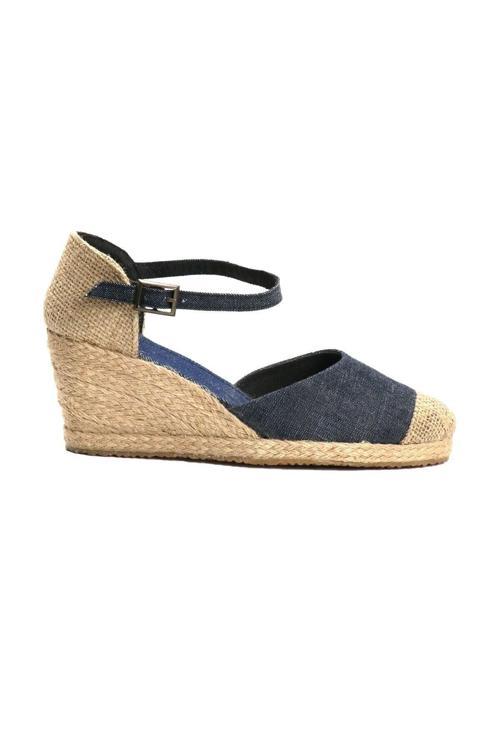 Gerçek Elişi Burnu Hasır Dolgu Topuk Kot Mavi Keten Hasır Espadril Handmade