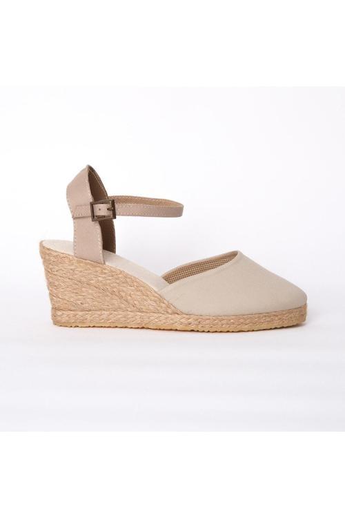 Gerçek Elişi Topuğu Açık Bilekten Bantlı Dolgu Topuk Bej Keten Hasır Espadril Handmade