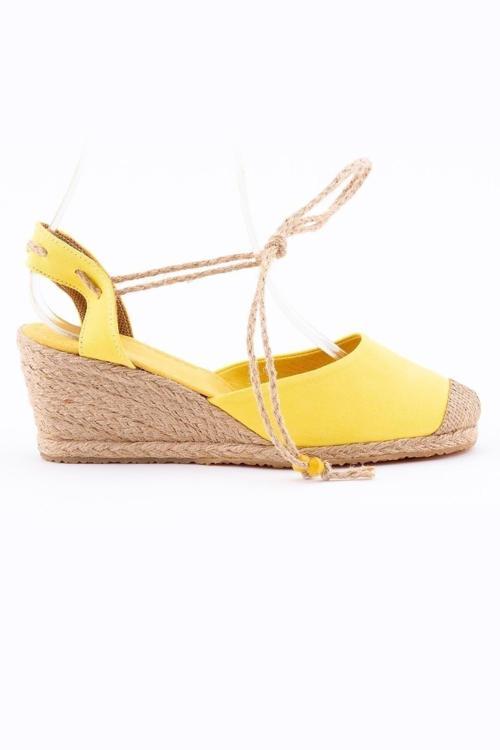 Gerçek Elişi Bilekten Bağcıklı Topuğu Açık Dolgu Topuk Sarı Keten Hasır Espadril Handmade