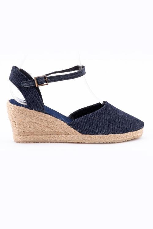 Gerçek Elişi Topuğu Açık Bilekten Bantlı Dolgu Topuk Kot Mavi Keten Hasır Espadril Handmade