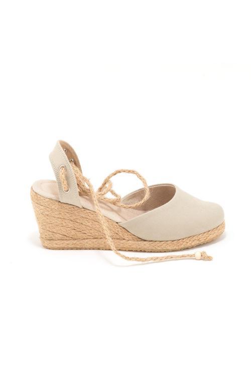 Gerçek Elişi Topuğu Açık Bilekten Bağlamalı Bej Dolgu Topuk Keten Hasır Espadril Handmade