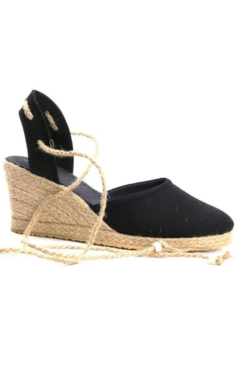 Gerçek Elişi Topuğu Açık Bilekten Bağlamalı Bej Dolgu Topuk Keten Hasır Espadril Handmade