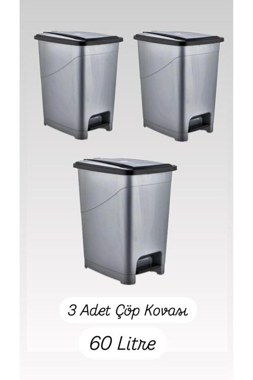 3 Adet 60 Litre Slim Pedallı Çöp Kovası 60 Litre & Büyük Boy Pedallı Çöp Kovası Gri