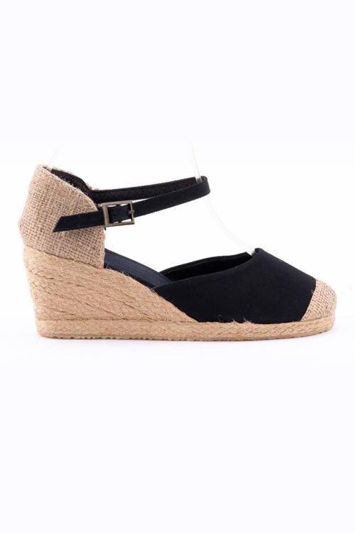 Gerçek Elişi Burnu Hasır Dolgu Topuk Siyah Keten Hasır Espadril Handmade