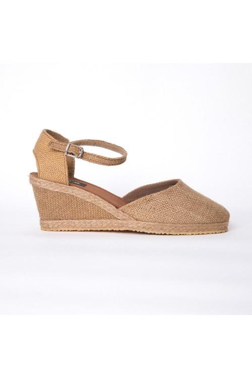 Gerçek Elişi Hasır Rengi Topuğu Açık Keten Espadril Dolgu Topuk Handmade