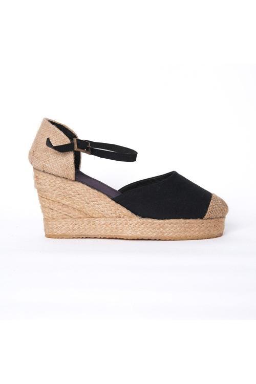 Gerçek Elişi Burnu Hasır Platformlu Dolgu Topuk Siyah Keten Hasır Espadril Handmade
