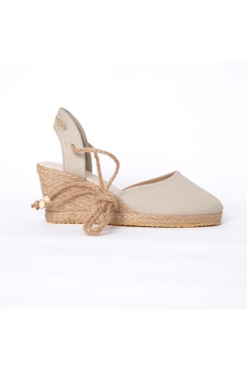 Gerçek Elişi Topuğu Açık Bilekten Bağlamalı Bej Dolgu Topuk Keten Hasır Espadril Handmade
