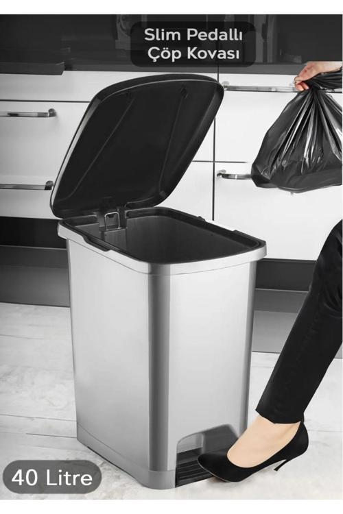 Mck Pedallı 40 Litre Gri Banyo Mutfak Çöp Kovası Çöp Kutusu  Siyah Kapaklı Slim  3 Adet Bez Takımlı