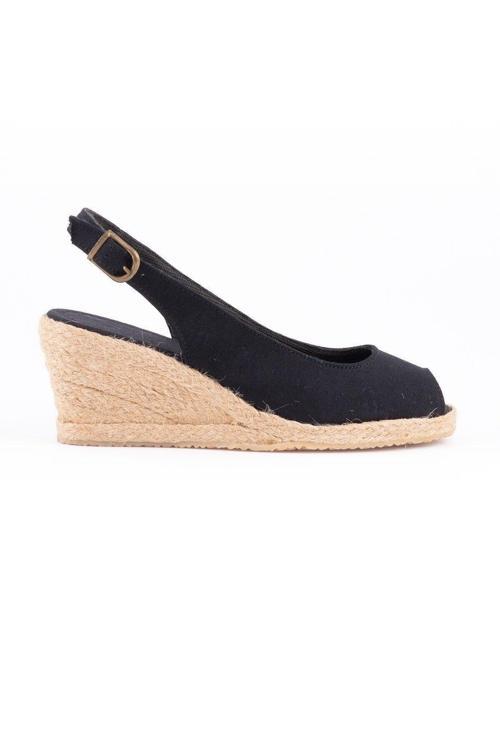 Gerçek Elişi Burnu Açık Arkası Bantlı Dolgu Topuk Siyah Keten Hasır Espadril Handmade