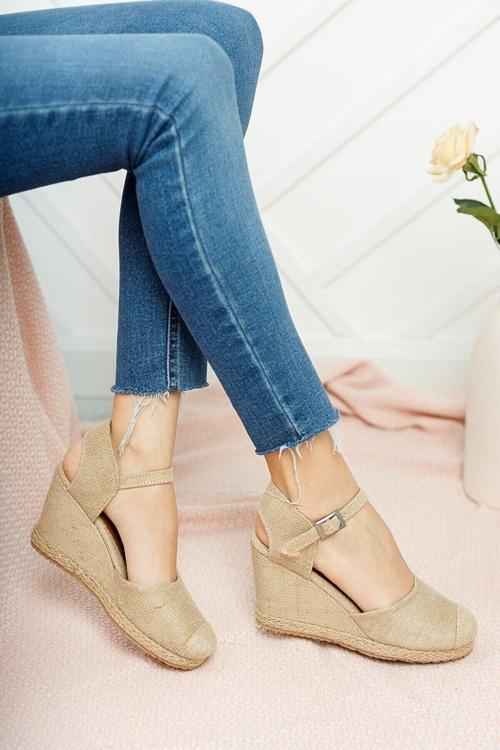 Gerçek Elişi Keten Hasır Espadril Burnu Hasırlı Arkası Açık Dolgu Topuk Handmade