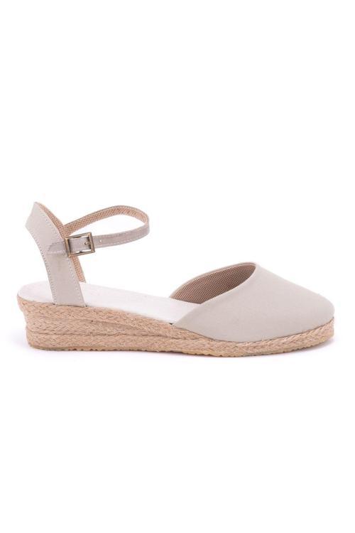 Gerçek Elişi Bej Topuğu Açık Bilekten Bantlı 3cm Dolgu Topuk Keten Hasır Espadril Handmade