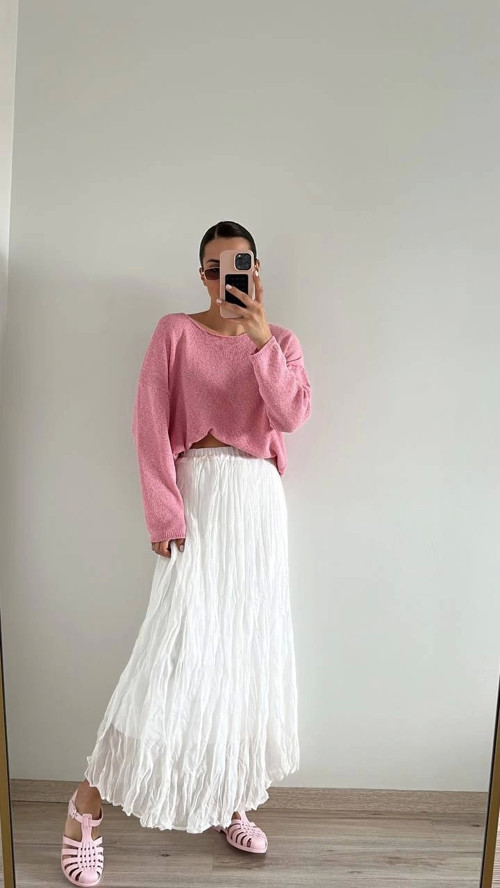 Pembe Dökümlü Merserize Kadın Bluz