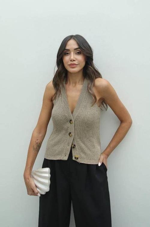 Düğmeli Triko Vizon Süveter