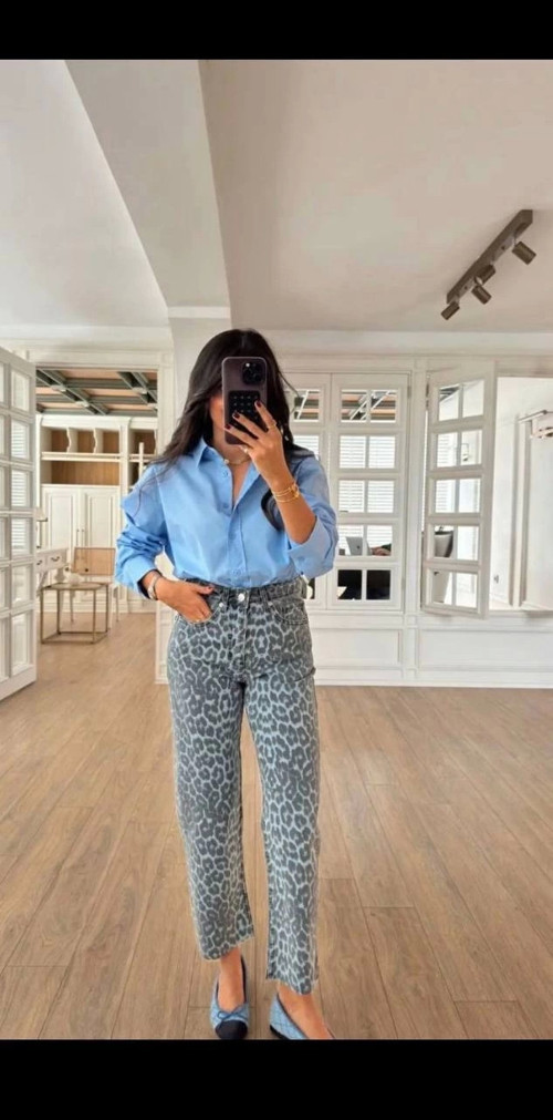 Denim Leopar Kadın Pantolon