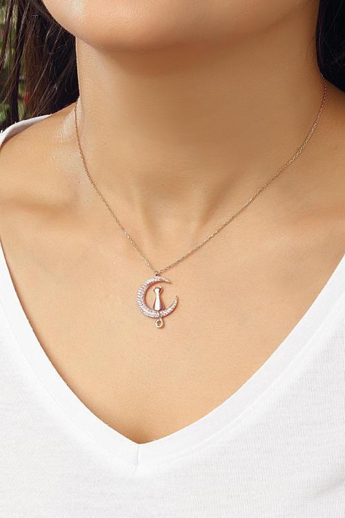 Azuris 925 Ayar Gümüş Ay Ve Yalnız Kedi Kolye