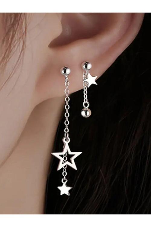 925 Ayar Gümüş Tek Kulak Sallantılı Yıldız Zincirli Küpe