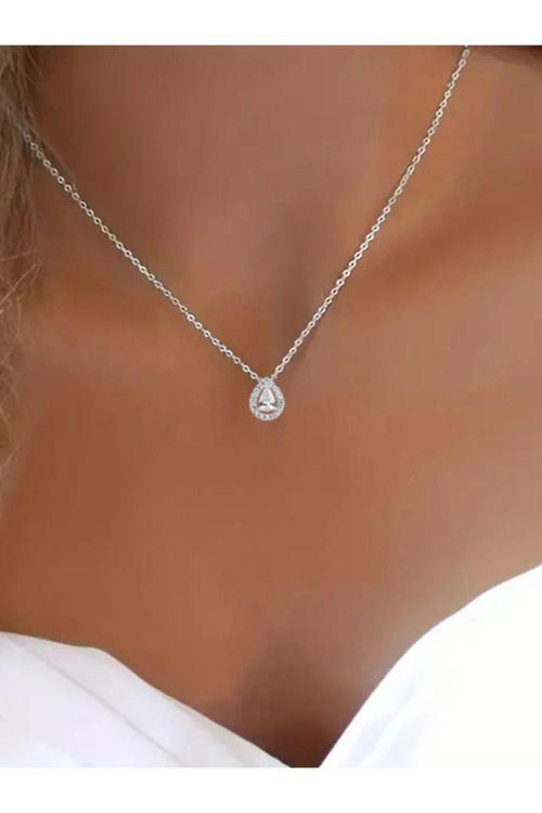 925 Ayar Gümüş Elmas Montür Zirkon Taş Damla Kolye