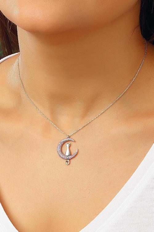 Azuris 925 Ayar Gümüş Ay Ve Yalnız Kedi Kolye