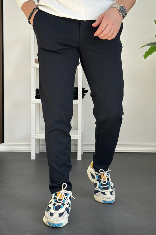 Erkek Beli Düğmeli Dar Paça Jogger Pantolon Lacivert Edw224