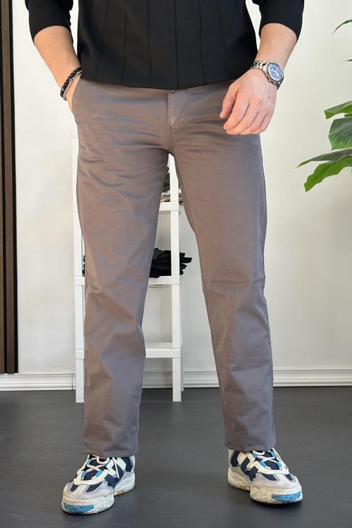 Erkek Pamuklu Chino Pantolon Standart Kalıp Gri Edw225 