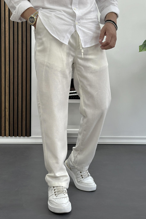Erkek Rahat Kesim Keten Pantolon Krem Edw138