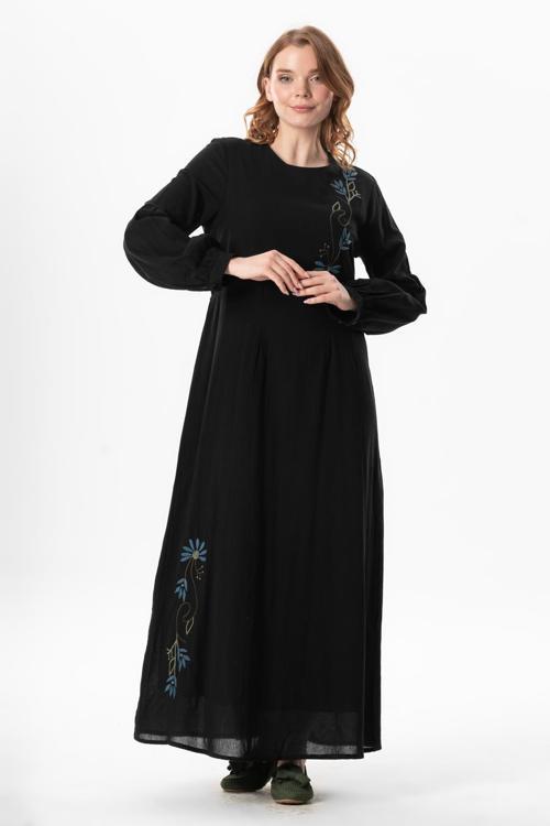 Uzun Kol Şile Bezi Gülşah Bisiklet Yaka Nakışlı Uzun Yazlık Elbise Siyah Syh