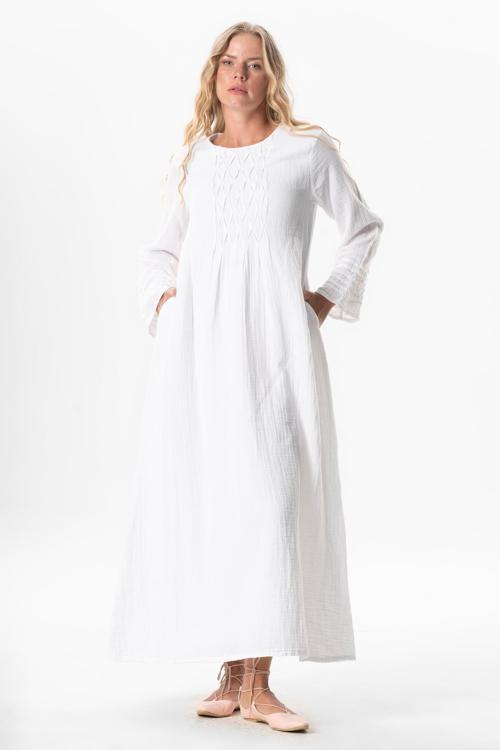 Uzun Kol Şahika Nervür Detaylı Uzun Müslin Yazlık Elbise Beyaz Byz