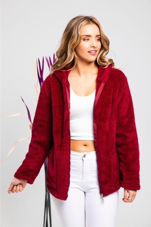 Kadın Bordo Fermuarlı Polar Ceket