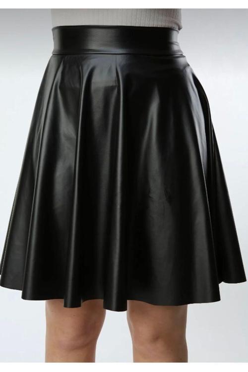 Kadın Siyah Kloş Suni Deri Etek Leather Skirt Midi Boy  Lüx Kalite