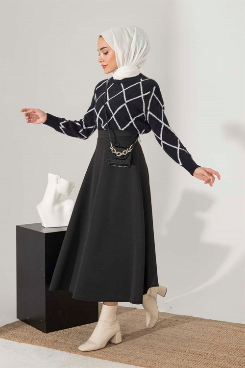 Kadın Siyah Scuba Kumaş Yüksek Bel Kloş Etek