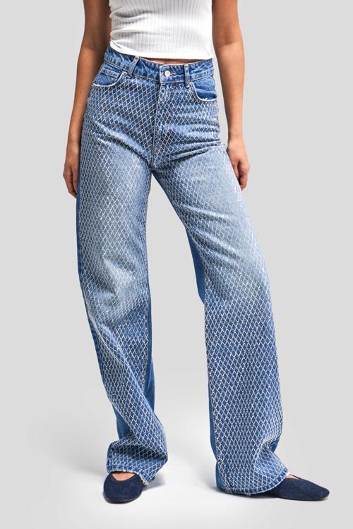 Kadın Mavi Renk T3-2S5-4 Parlak Taşlı Straight Fit Yüksek Bel %100 Koton Tasarım Denim Jean