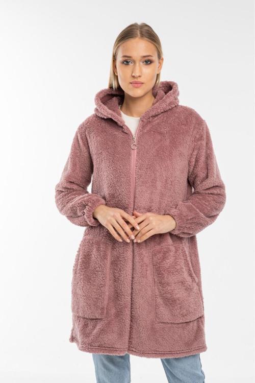 Kadın Gül Kurusu Uzun Fermuarlı Polar Hırka