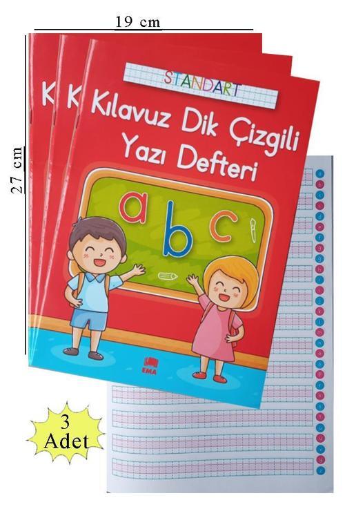Güzel Yazı Defteri A4 Boy 19x27 cm Kılavuz Dik Çizgili 24 Yaprak 3 Adet Standart Dik Çizgili Yazı Defteri Dik Temel Harf