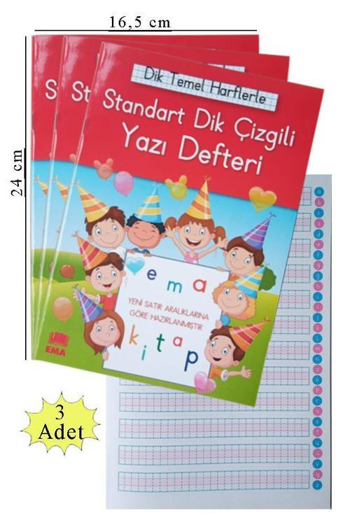 Güzel Yazı Defteri Orta Boy Dik Çizgili 16,5x24 cm 24 Yaprak 3 Adet Standart Dik Çizgili Yazı Defteri Dik Temel Harflerl