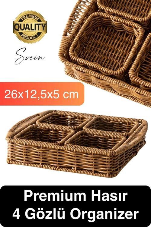 Benzersiz El Yapımı Hasır Dokuma Saklama Sepeti 4 Bölmeli Kozmetik Organizer Masaüstü Düzenleyici