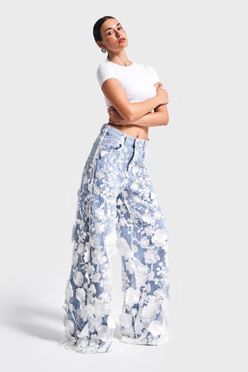 Kadın Ice Kot Rengi Çiçek Dantel Tül Detaylı Palazzo Fit Özel Tasarım Denim Jean