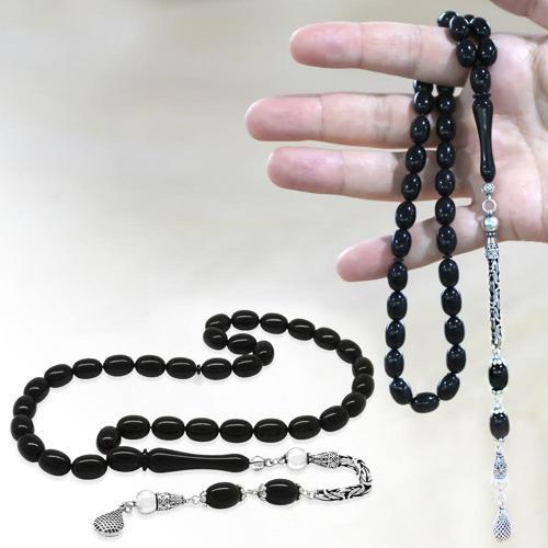 925 Ayar Gümüş Kral Zincir Püsküllü Sülün İmame Beyzi Kesim Siyah Katalin Tesbih