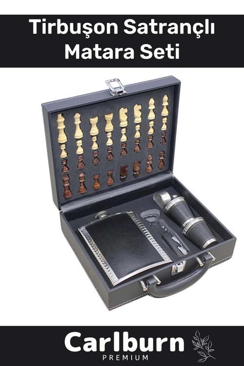 Paslanmaz Çelik 8.Oz 2 Shot Bardaklı Tirbuşon Ahşap Kutulu Satrançlı Alkol Deri Matara Seti 17*13 Cm