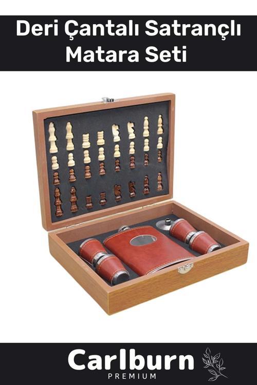 Premium Paslanmaz Çelik 8.Oz 4 Shot Bardaklı Ahşap Kutulu Satrançlı Alkol Deri Matara Seti 24*18 Cm