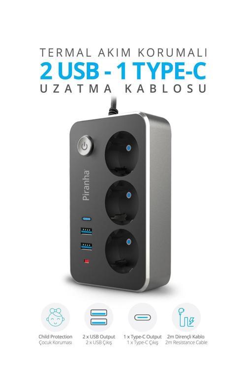 Akım Korumalı / 2 X USB - 1 X Type-C Girişli / 3'lü Priz Uzatma Kablosu