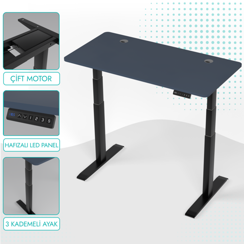 O-Flex Duo Çift Motorlu Elektrikli Yükseklik Ayarlı Masa - 120X60 - Pasifik Mavi
