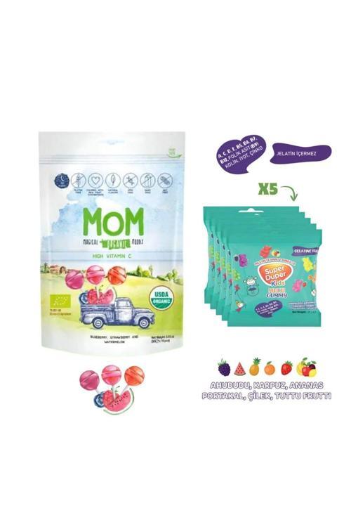 Mom Organik Lolipop (Çilek, Karpuz, Yaban Mersini) 1 paket & Super Duper Multivitamin Jelibon 20 gr - 5 Paket