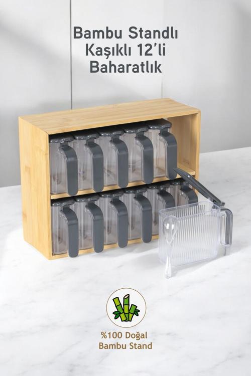 12 li Bambu Standlı Kaşıklı Kapaklı Baharatlık Baharat Saklama Kutusu Seti