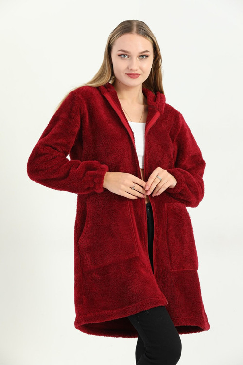 Welsoft Fermuarlı Kapüşonlu Uzun Polar Hırka Bordo