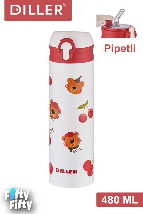 DILLER 480 ML Pipetli Paslanmaz Çelik Termos Vacum Cup Kilitli Kapak  -FFDILLERD9228